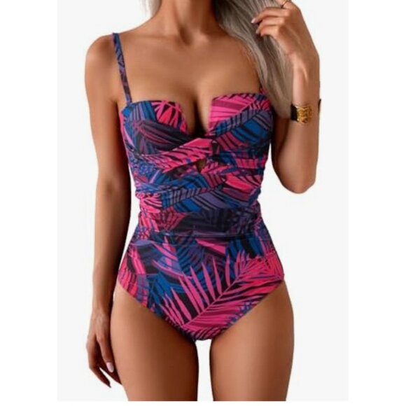 Eomenie Womens Med Push Up Wrap Tummy Control One-Piece Swimsuit Tropical Print - Picture 1 of 13